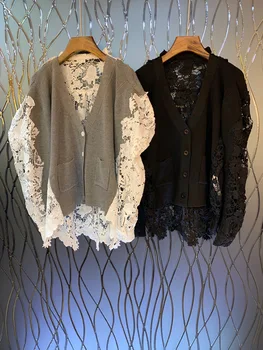 

2019 New Fashion V-neck Long-sleeved Cardigan Openwork Lace Stitching Cardigan Women Sweater Free Shipping Worldwide