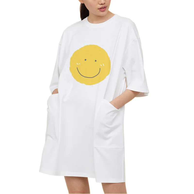 Длинное платье-футболка для женщин Kawaii Smiley Graphic Grunge эстетическое Vogue Vegan Friends рождественские свободные топы более размера d размера плюс