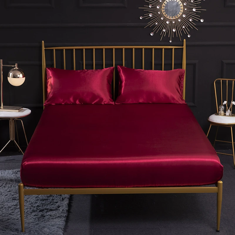 Satin Fitted Sheet Solid Soft Bed Sheets With Pillowcase 3pcs Elastic Band Drap Housse De Matela Twin Queen King Size Red Sheet Aliexpress