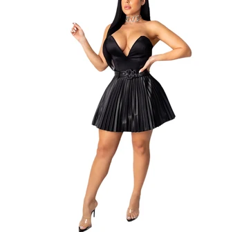 

Sexy PU Dress Faux Leather Pleated Skirt Women Winter Autumn Black PU Skirts with Belt