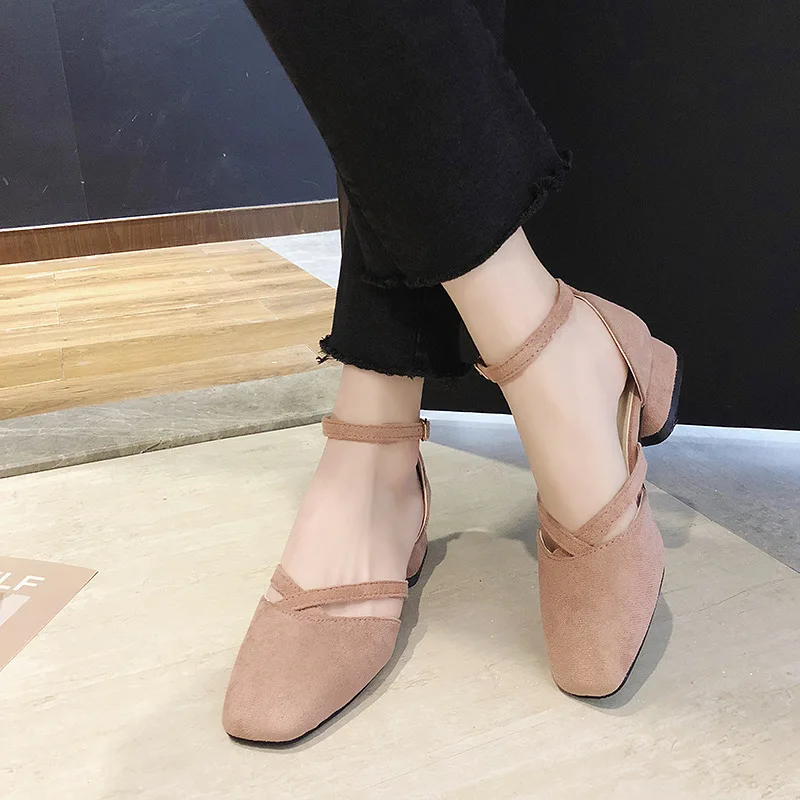 

Sandals Women's 2019 Spring Summer New Style WOMEN'S Shoes Korean-style Versatile Semi-high Heeled Closed-toe Shoes Women's Stra