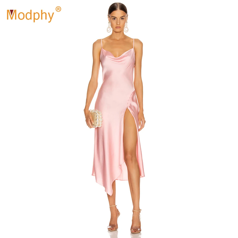 Весна 2020 новое женское атласное платье Modphy Сексуальное розовое платье-трапеция