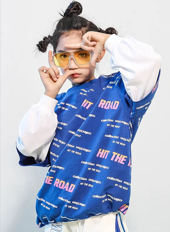 Детская одежда в стиле хип-хоп; свободный свитер; свободная рубашка; Топ; повседневные штаны для бега для девочек и мальчиков; костюмы для джазовых танцев; одежда - Цвет: blue tops
