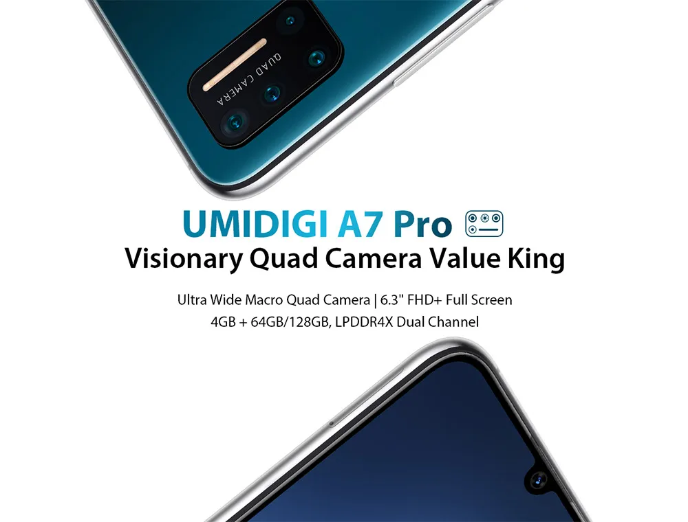 In Stock UMIDIGI A7 Pro Global Version Phone Quad Camera Android 10 OS 6.3 FHD+ Full Screen 64GB/128GB ROM LPDDR4X Octa Core