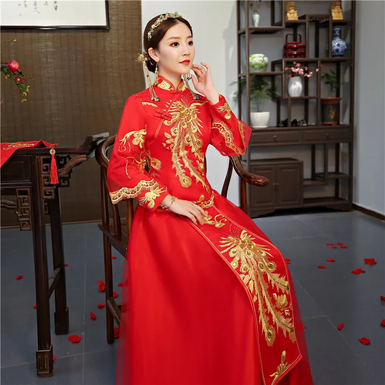 Китайский стиль свадебное платье вышивка Cheongsam элегантный тост костюмы за рубежом традиционные невесты Qipao платья для женщин