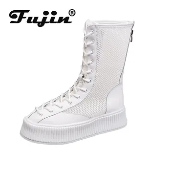 

Fujin Women's Boots Summer Fashion 2020 Thick Bottom Short Boots Breathable Round Toe Lace Up Flat Bottom Causal Ankle Boots