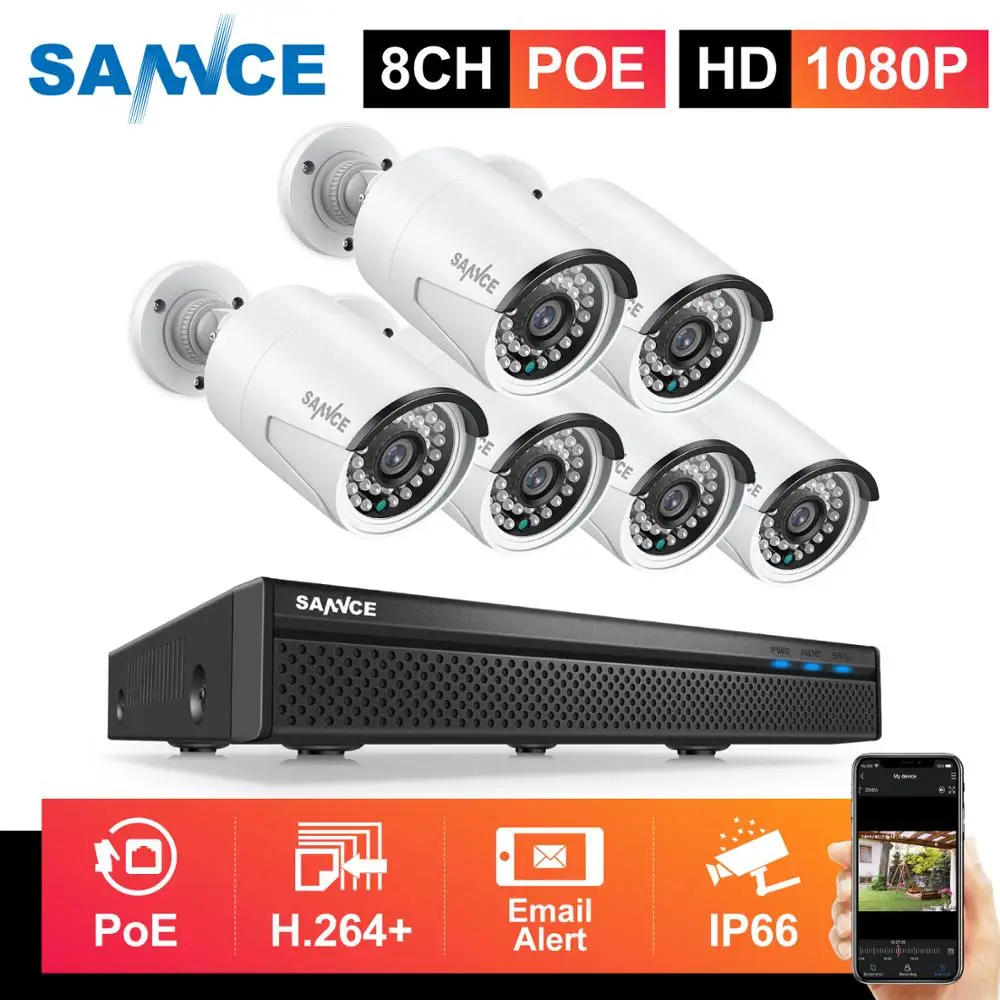 

SANNCE 8CH 1080P FHD POE Video Security System H.265 5MP With 6X 2MP Outdoor Weatherproof IP Camera CCTV Kit Built-in Microphone