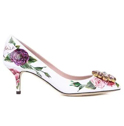 Роскошные свадебные вечерние туфли на высоком каблуке с цветочным принтом и блестящими кристаллами; женские туфли-лодочки на шпильке с острым носком; Каблук 5 см; Каблук 9 см - Цвет: white 5cm heel