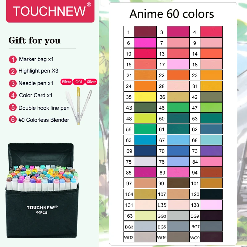 W6th60ColorAnime TouchFIVE маркер ручка набор 40/60/80/168 Цвет анимация маркер для рисования с двумя головками рисунок художественная кисть ручки на спиртовой основе с 6 подарки - Цвет: W6th60ColorAnime