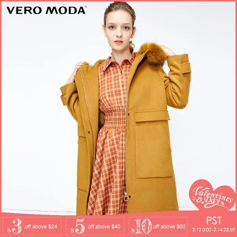 Koop Vero Moda Herfst Winter Afneembare Wasbeer Bontkraag Wollen Jas Jas Overjas | 318327560