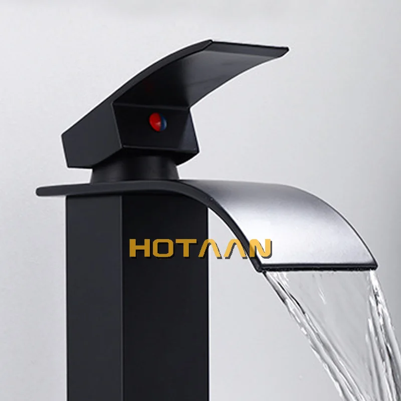 Waterfall Brass Basin Faucet Deck Mounted Single Lever Single Hole Cold&Hot Bathroom Mixer Black Plated