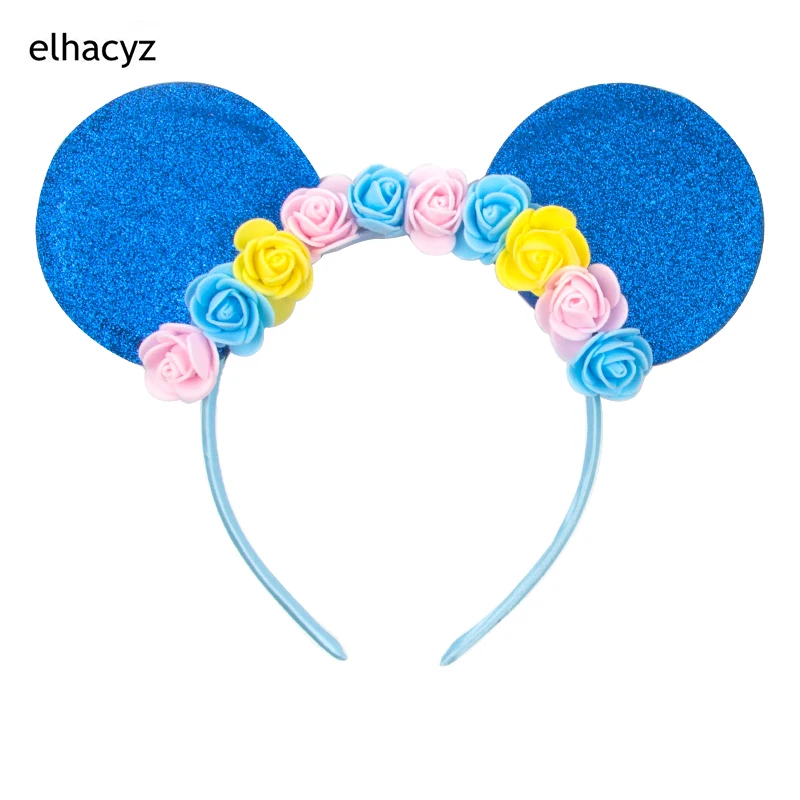 Sweet Roses Glitter Mouse Ears Headband Girls Flower Hairband Cute Party Headwear Kids Hair Accessories Women Decoration Mujer dvotinst newborn baby photography props handmade girls floral headband headwear headdress fotografia decoration photo props