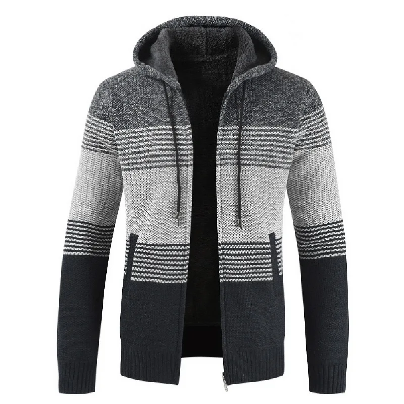SHUJIN Лоскутная полоса мужской свитер пальто Зимний толстый теплый с капюшоном вязаный кардиган на молнии флисовая верхняя одежда с капюшоном пальто