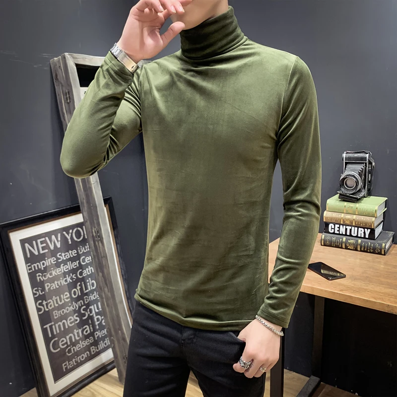 Горячая Распродажа, Зимняя мужская футболка, мода, длинный рукав, мужские повседневные футболки, уличная водолазка, облегающая Базовая футболка, Homme - Цвет: Армейский зеленый