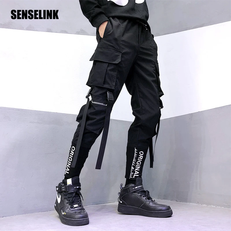 Casual Pants Ribbons Jogger Harem Streetwear Black Multi-Pocket Mens Fashion Hip-Hop