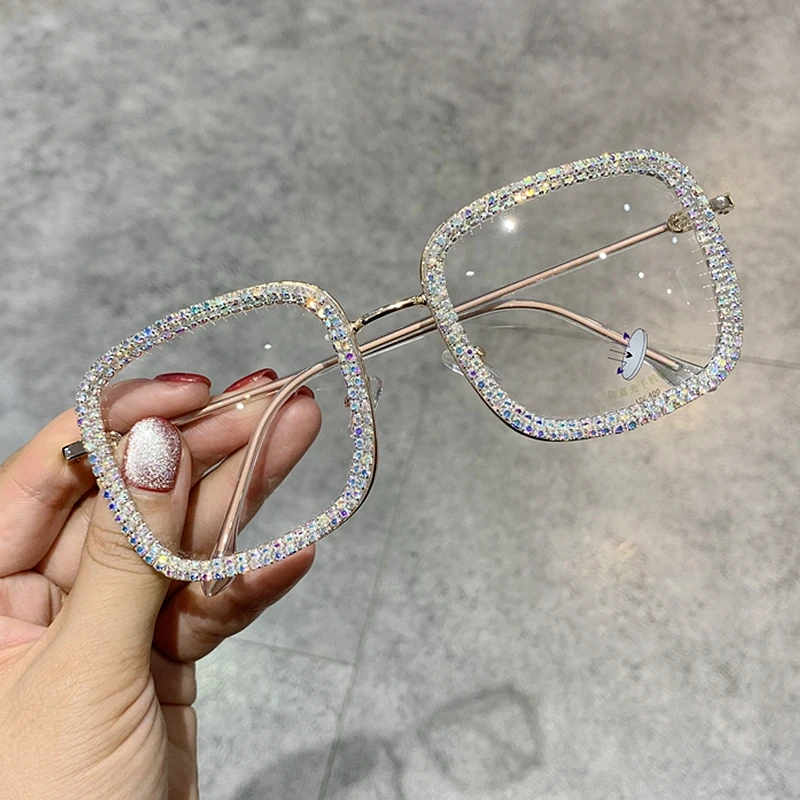 fashion sunglasses Prescription Glasses Wonen Clear Lens Square Oversized Sunglasses Rhinestone Blue Light Eyeglasses Wholesale gafas de sol designer sunglasses for women