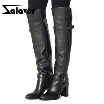 

ZALAVOR Real Leather Over The Knee High Boots For Women Winter Warm Shoes Women Black Thick Heel Buckle Footwear Size 31-43