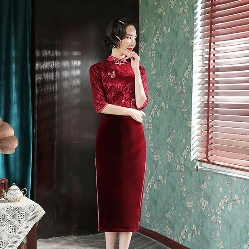 Черный кружево вышивка женский китайский традиционный Чонсам воротник стойка Половина рукава длинный Qipao велюр вечернее платье