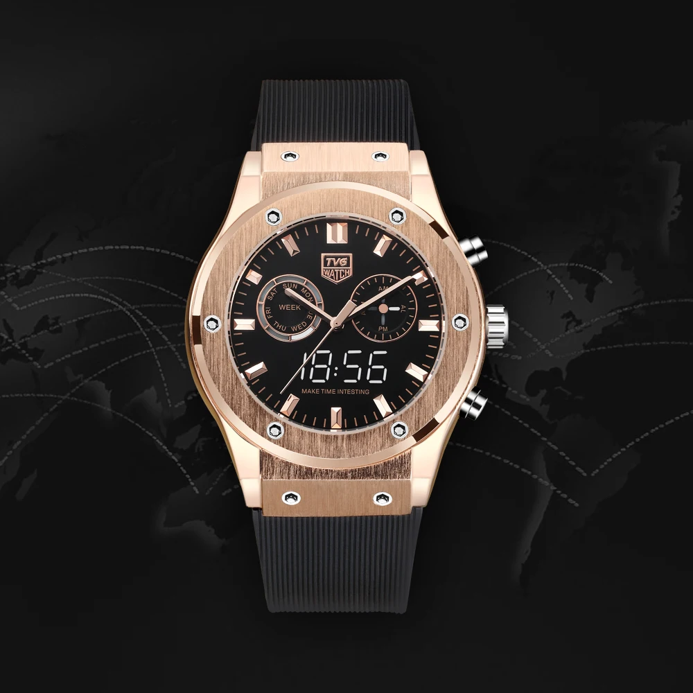 TVG Luxury Brand MensNew Luminous Dual Display Quartz Watch PU Watch Band Waterproof Watch LED Digital Watch Men Sport Watch