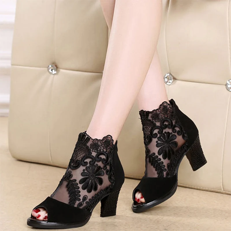 

2020 Women Summer Mesh Peep Toe Pumps Sexy Heels Single Shoes Lace Pumps Woman High Heel Fashion Platform Female Shoes Ladies