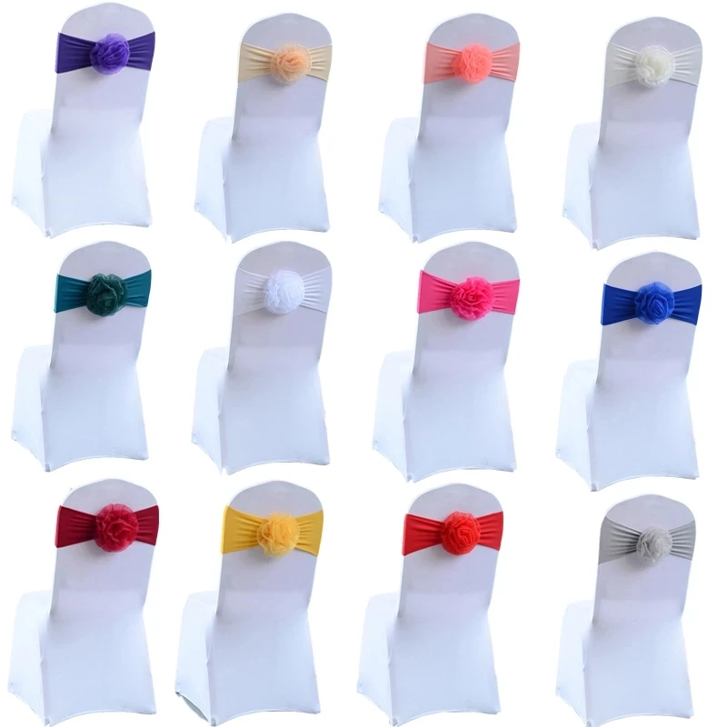 

Hot 10/50/100pcs/lot Wedding Party Chair Flower Knot Decorations Elastic Organza Chair Sashes Bow Tie Hotel Banquet Home Decor