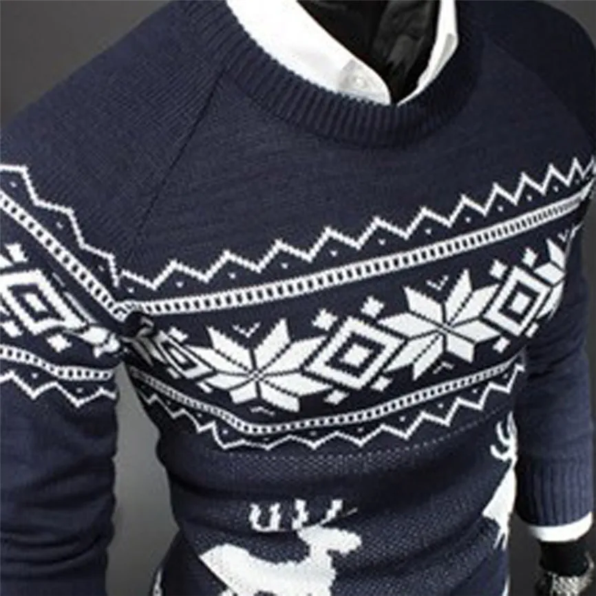Mens Causal O Neck Sweater Deer Printed Autumn Winter Christmas Pullover Knitted Jumper Sweaters Slim Fit Male Clothes