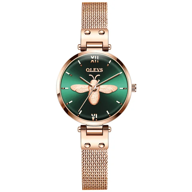 OLEVS Women Watch Dial Mesh Bracelet Watch, Lady Waterproof Quartz Watch GS Green Dial