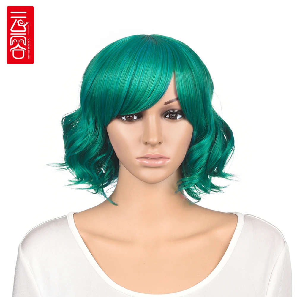 

YunRong Short Curly Synthetic Hair Wig 12 Inches Green Cosplay Synthetic Hair High Temperature Heat Resistant Synthetic Fiber