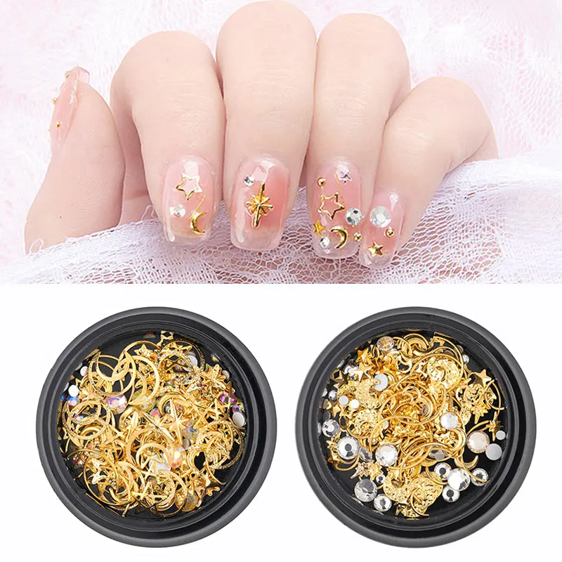 

Mixed loading Mixte Styles Lune Star Nail Glitter Strass Bijoux Charmes Gems Mtal Tranche Rivet DIY 3D Dos Plat Nail Art dcorati