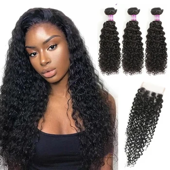 

Brazilian Kinky Curly Bundles With Closure Human Hair Bundles with Closure Non Remy Hair Weave Bundles Natural Color