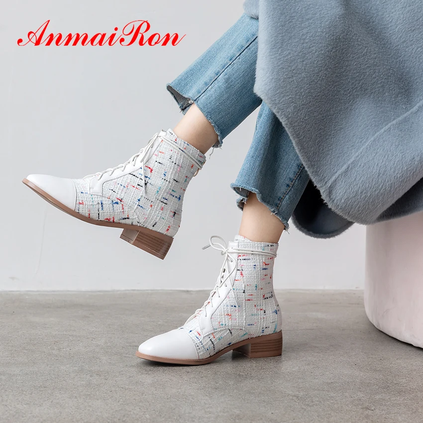 ANMAIRON White Plaid Hoof Heels Zip Ankle Boots Flat Square Toe Women