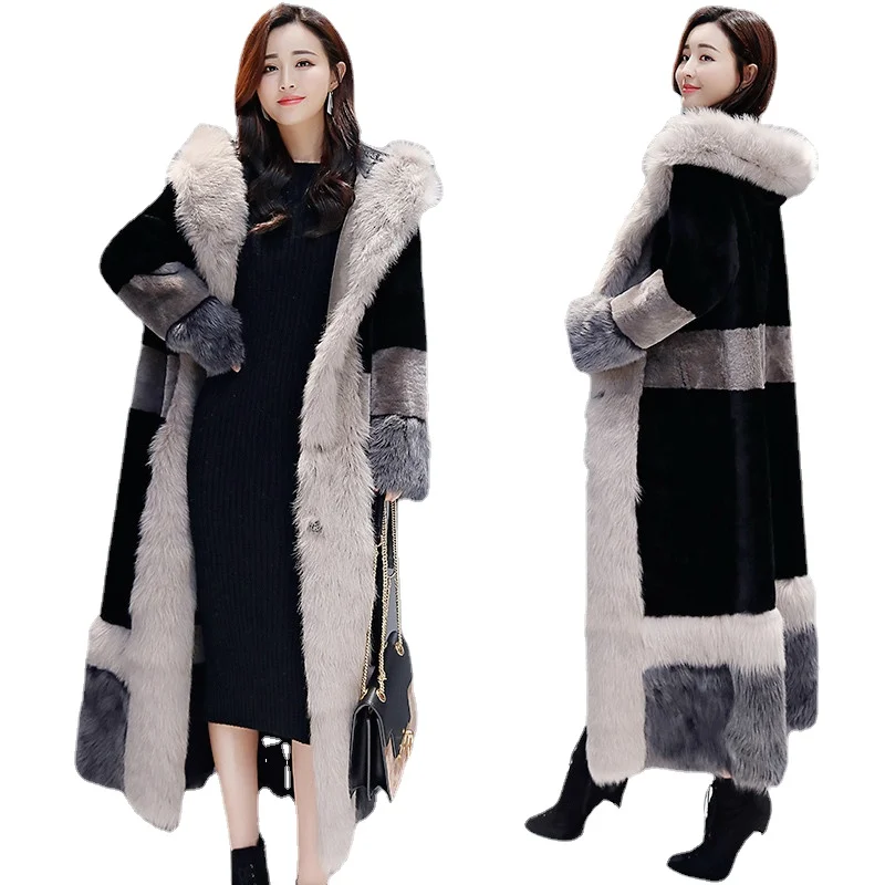 Women's 2021 winter new warm and thin slim-fitting hooded loose-fitting lamb velvet thickened knee-length coat WOMEN  Flannel