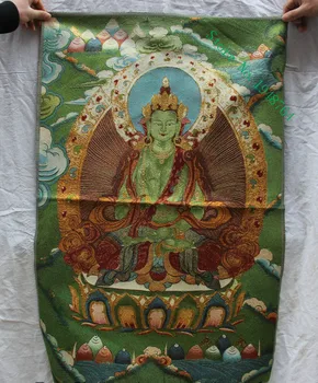 36 pulgadas el Tíbet seda bordado 4 mano chenrezigd Buda Avalokiteshva Thangka pintura Mural