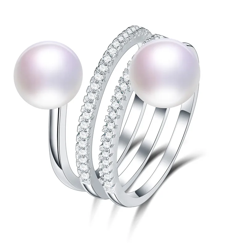 White Dainashi Freshwater Cultured Pearls Ring Luxury 925 Sterling Silver Shiny Zircon Crystal Adjustable Ring for Women Party Gift - Gem Color: White