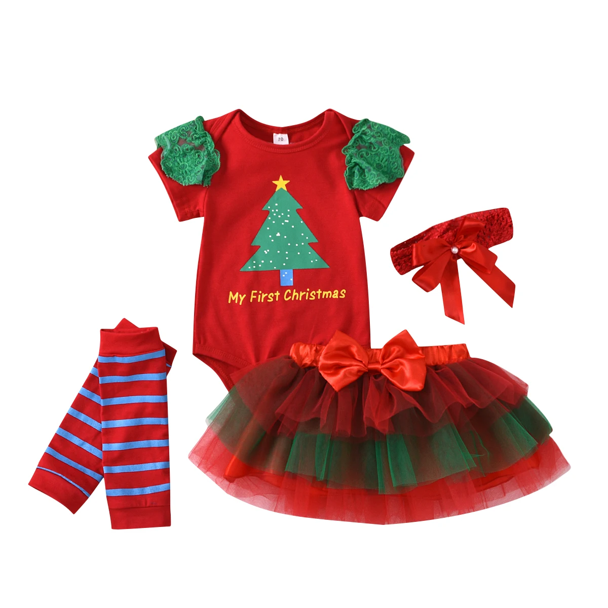 Baby Girl Sets Christmas Clothing Romper Tops+Bow Mesh Skirt+Bow Hair+Socks 4Pcs Newborn Xmas Party Costumes 0-24M | Детская одежда и