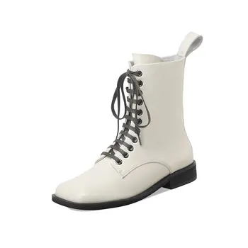 

Genuine Leather Chunky low Heels boots Retro lace up ankle Boots 2020 Winter Shoes Woman Platform Working Motorcycle Boots