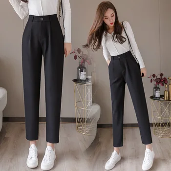 

Women Formal Loose Button Fly Solid High Waist Ankle-Length Black Pants