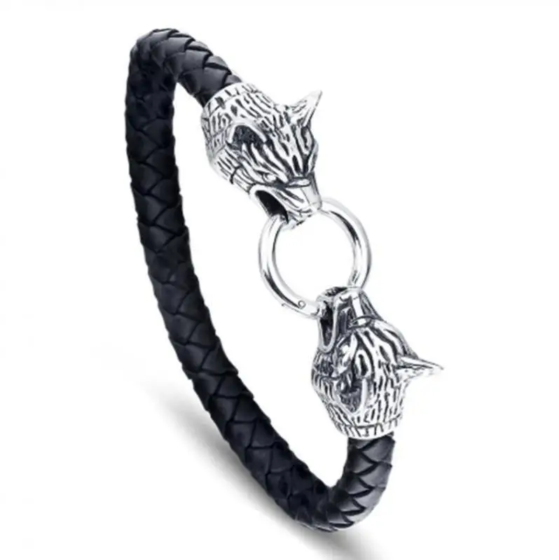 Leather Bracelet for Men Wolf Head Jewelry Gift