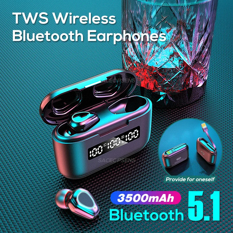 NEW TWS Sport Bluetooth 5.1 Wireless Earphones IPX5 Waterproof With Charging Cable at the Bottom 9D HD Touch Contorl Headset