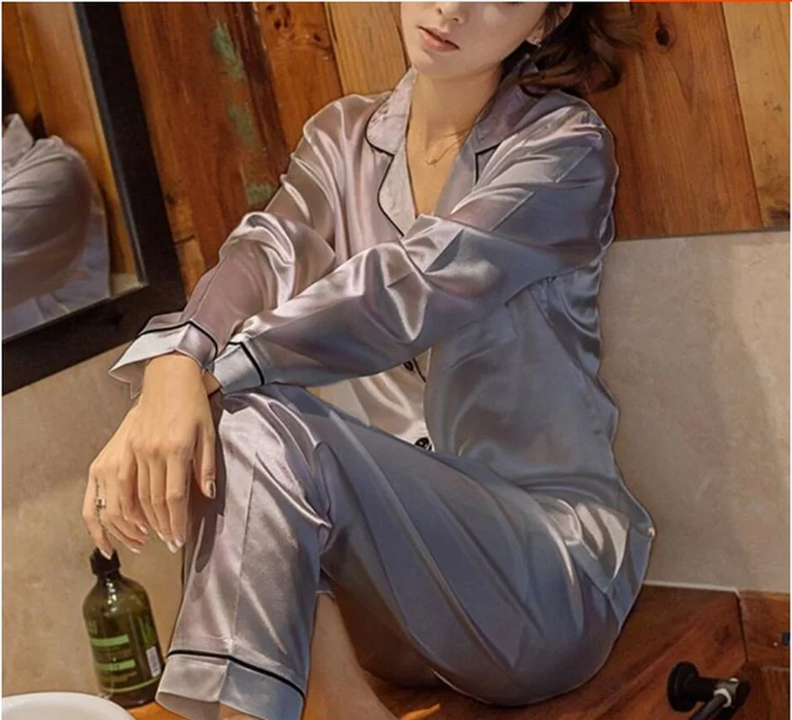 Фабрика поставляет комплект шелковых пижам с длинным рукавом, элегантные женские атласные пижамные комплекты из двух предметов, большой размер, v-образный вырез, дышащие