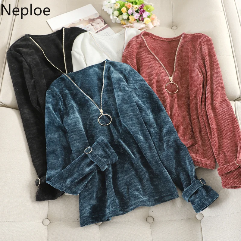 Neploe, v-образный вырез, на молнии, дизайнерская, кордуория, футболка, осень, весна, новинка, одноцветная, свободная, длинный рукав, тройники, верхняя одежда, Женский Топ 48329