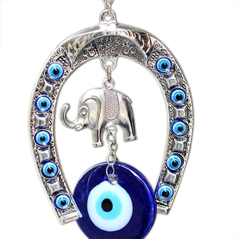 

Turkish Blue Eye Horseshoe with Elephant and Ribbon Wall Hanging Amulet Ethnic Lucky Gift Pendants Home Car Hanging Decorations