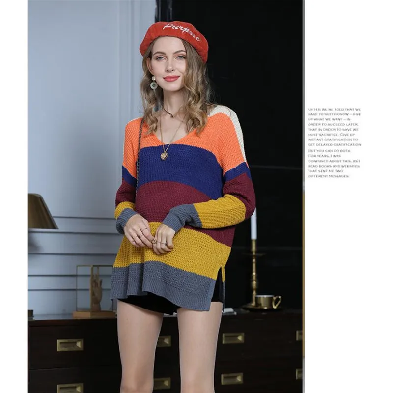 

Sweaters Women 2020 Autumn Winter Crewneck Oversize Side Split Rainbow Block Color Christmas Pullover Long Pull Homme Sweater