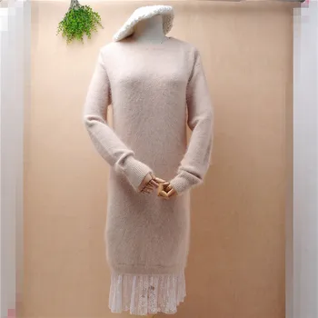 

ladies women fashion hairy angora rabbit fur o-neck long sleeves lace loose pullover winter knitwear jumper sweater dress pull