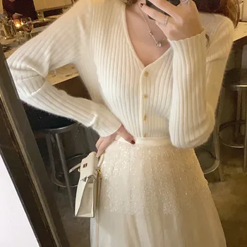 

Autumn Winter Sweater Women Button Solid Color Knit Short Cardigan Long Sleeve Casual Warm Loose Sweaters w