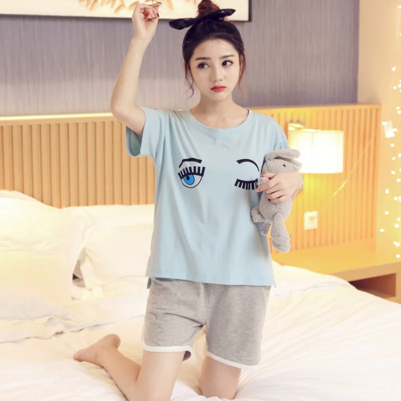 

2019 Summer Short-sleeved Pajamas WOMEN'S Suit Korean-style Women's Tracksuit 6535 Cotton M -Xxl