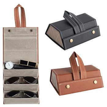 

3 Slots Foldable PU Leather Sunglasses Eyeglasses Travel Organizer Case Display M2EA