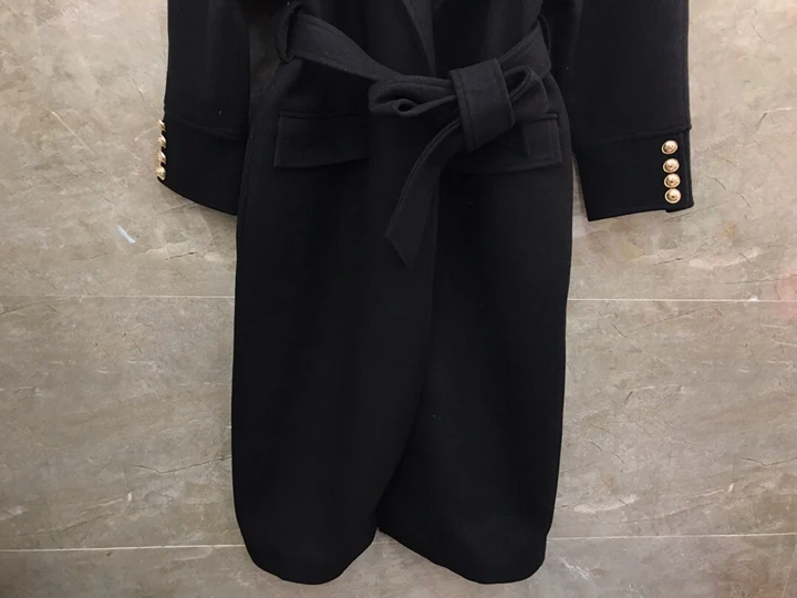 Высокое качество зимнее длинное женское пальто с золотыми пуговицами и регулируемым поясом с длинным рукавом черное шерстяное хлопковое пальто женская верхняя одежда