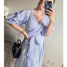 Dotfashion женское платье в тонкую полоску со сборками на рукавах,, платье трапециевидной формы с оборками, синее платье с v-образным вырезом