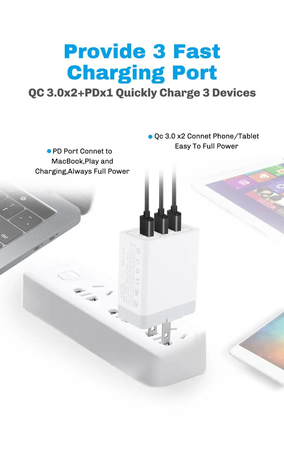 18 Вт PD зарядное устройство+ 5 В 2.4A Qc 3,0 быстрое зарядное устройство для MacBook Pro PD быстрое зарядное устройство 3 порта 2 в 1 быстрое зарядное устройство для ios Android телефон